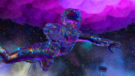 Diamond astronaut floats in outer space. Blue purple neon color. Diamond jellyfish. Stars in the background. Clouds. High quality 3d illustrationの写真素材