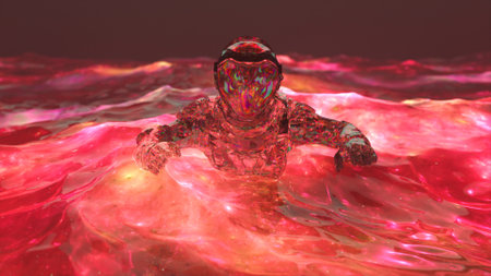 Space concept. Diamond astronaut swims in the ocean with red water. Waves. 3d illustration. High quality 3d illustrationの写真素材