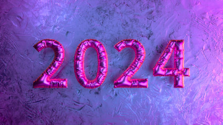 Vibrant pink metallic balloons in the shape of the year 2024 against a frozen textured backdrop,...