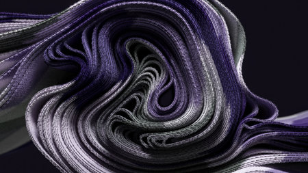 A 3D swirl of fabric in purple and silver hues, showing a graceful flow. 3D illustration