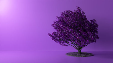 Tree in the studio on a purple background. The wind shakes branches and leaves. 3d illustrationの写真素材