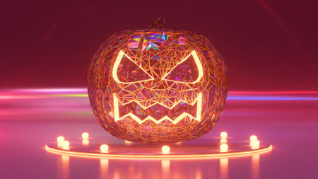A shimmering crystalline pumpkin illuminated by soft lights against a pastel backdrop. 3d illustrationの写真素材