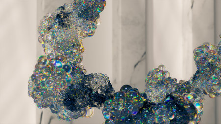 Abstract artistic video animation with 3d motion of dispersed balls based on the use of small ball spheres or bubbles-particles of rainbow gradient colors on a light background. 3d illustrationの写真素材