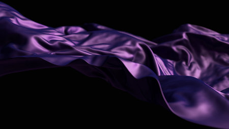 Detailed close-up of rich purple silk or satin fabric with folds and creases, evoking a feeling of luxury and elegance. The soft sheen 3d illustrationの写真素材