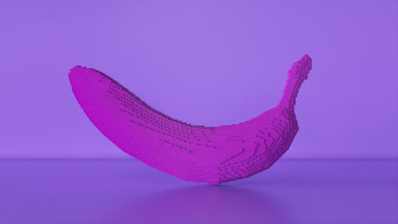 Transformation of a 3D pixel into a purple digital banana. 3d illustrationの写真素材
