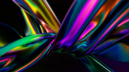 Ribbons of a metallic rainbow color are tightly twisted together against an abstract background. Binding. Interlacing. High quality 3d illustrationの写真素材
