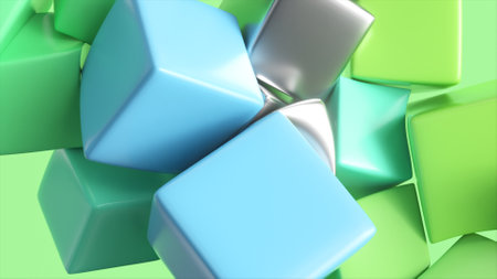 Small cube pillows flock to the center and stick to each other. Geometric figures. Blue, green,...