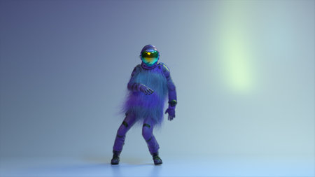 Abstract concept. An astronaut in a space suit and a fur hairy blue cape dances against a bright...