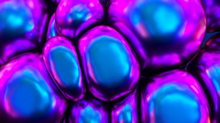 Abstract concept. Soft neon blue-violet balls reach for each other. Sticky spheres. metallic color. High quality 3d illustrationの写真素材