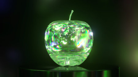Abstract concept. Liquid mirror transparent substance takes the form of an apple. Green neon color. High quality 3d illustrationの写真素材