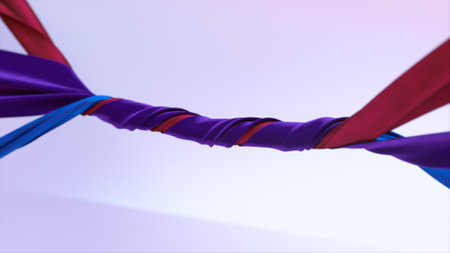 Velvet ribbons of different colors are tightly twisted together on an abstract background. Blue, red, purple color. High quality 3d illustrationの写真素材