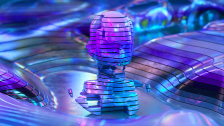 AI concept. The head of a robot with artificial intelligence. Moving details. Blue metal parts change shape. 3d illustration. High quality 3d illustrationの写真素材
