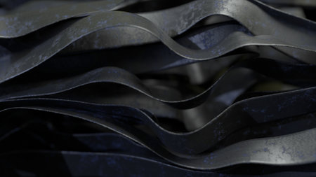 Abstract concept. Many black rubber straps move slowly and quickly. Waves. Leather belt 3d animation. High quality 3d illustrationの写真素材