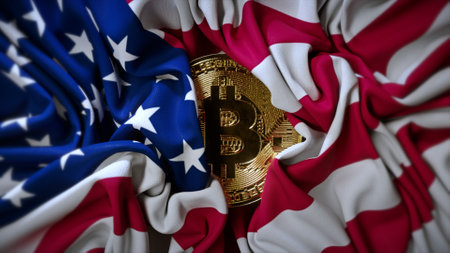 The American flag is unfurled and Bitcoin opens. Gold coin. Cryptocurrency. Mining Wrinkled fabric. . High quality 3d illustrationの写真素材