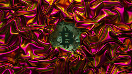 A fabric of metallic neon pink is wrinkled around the bitcoin. Shiny fabric. Cryptocurrency. Creases in fabric. Drapery. High quality 3d illustrationの写真素材