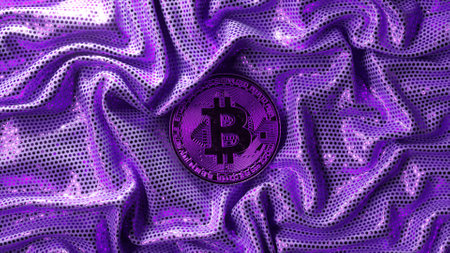 Cryptocurrency concept. The crumpled purple shiny fabric is straightened out and the bitcoin is opened. High quality 3d illustrationの写真素材