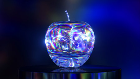Abstract concept. Liquid mirror transparent substance takes the form of an apple. Blue neon color. High quality 3d illustrationの写真素材