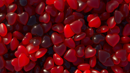 Valentine's Day. A red neon heart jumps out of a pile of dark blue hearts. Heart shaped gummies....