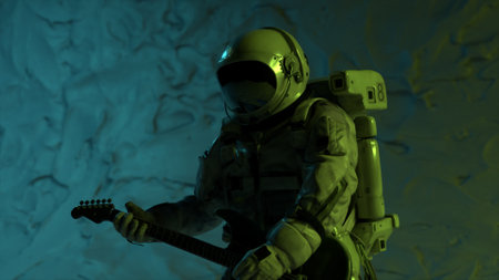 Astronaut musician plays the guitar on the background of a limestone wall. Green neon lighting....