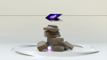 Abstract concept. The laptop rotates over a motionless stone mountain. White ring around the...