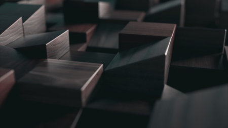 Abstract concept. Rectangular figures made of smooth dark wood of different heights are arranged in a random order. High quality 3d illustrationの写真素材