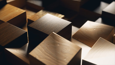 Wooden square figures have different heights and beveled edges. Shadow. Close-up. Geometric objects....
