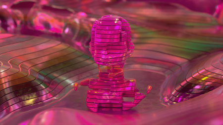 AI concept. The head of a robot with artificial intelligence. Moving details. Pink metal parts change shape. High quality 3d illustrationの写真素材