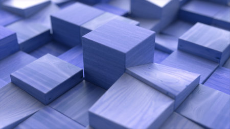 Wooden blue rectangles of different heights. Pillars. Sanded wood blocks. Blue color. Steps. 3d...