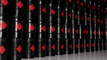 Rows of black metal barrels with oil. Warehouse of toxic materials. Life threatening. Embargo. 3d illustration. High quality 3d illustrationの写真素材