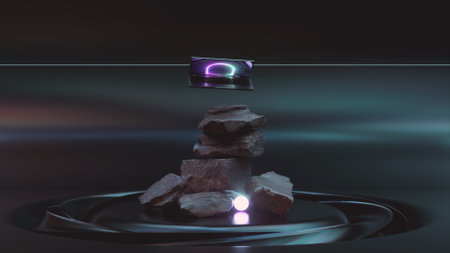 A flying laptop over a pile of rocks. Pink dark color. Opens and closes. Neon splash screen. Neon sphere. High quality 3d illustrationの写真素材