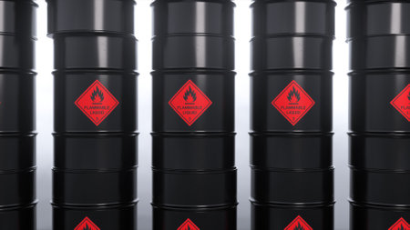 Rows of black metal barrels with oil. Warehouse of toxic materials. Life threatening. Embargo. 3d illustration. High quality 3d illustrationの写真素材