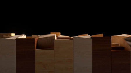 Side view of the wooden figures that rise against a dark background. Dark and light wood. Wave. 3d...