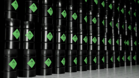 Barrels with biological toxic substances stand next to each other. Warehouse of dangerous combustible materials. High quality 3d illustrationの写真素材