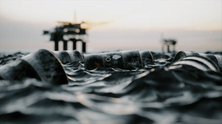 Oil pollution of nature. Embargo. Empty oil barrels float in a sea of oil. Sunset. 3d illustration. High quality 3d illustrationの写真素材