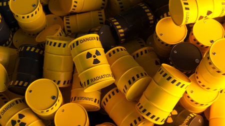 Dump of yellow and black barrels with nuclear radioactive waste. Danger of radiation contamination of industrial containers. 3D illustrationの写真素材