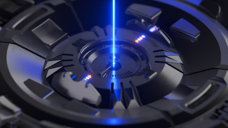 Digital technological futuristic background. The laser shines from a metal Sci-fi mechanism. 3D illustrationの写真素材