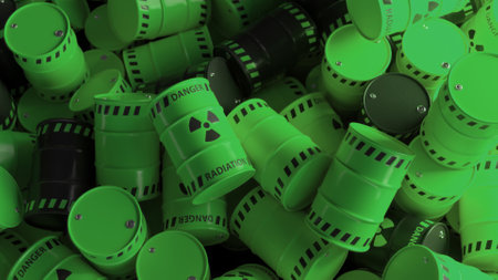 Dump of green and black barrels with nuclear radioactive waste. Danger of radiation contamination of industrial containers. 3D illustrationの写真素材