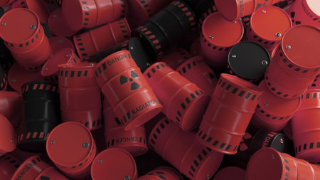 Dump of red and black barrels with nuclear radioactive waste. Danger of radiation contamination of industrial containers. 3D illustrationの写真素材