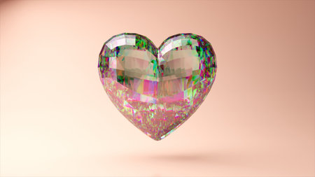 Romance and love concept. Diamond heart rotates on a pink background. Jewelry decoration. 3D illustration.の写真素材