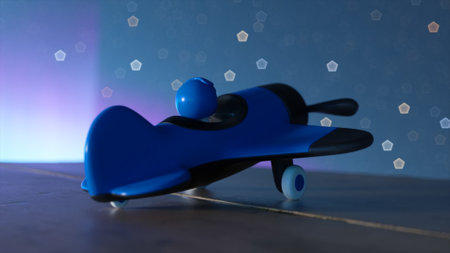 A pink toy airplane for girls with a pilot inside on a wooden table. The cosmic environment and the northern lights. The concept of aviation. 3D illustrationの写真素材