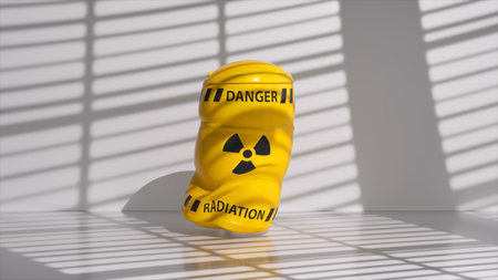 Abstract concept. A yellow barrel of toxic waste falls to the floor and turns into an inflatable balloon. Transformation of objects. 3d illustrationの写真素材