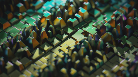 A repeating three-dimensional animation featuring a complex technological backdrop adorned with...