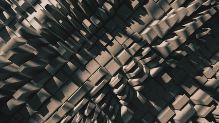 Abstract concept. Particles of the gray matte surface move up and down in waves. Texture. Light and shadow. 3d illustrationの写真素材