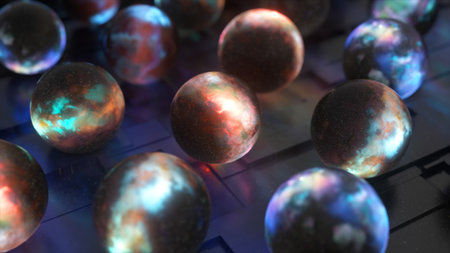 Visualization of the concept of many universes. Outer space inside a sphere. Blue purple neon color....