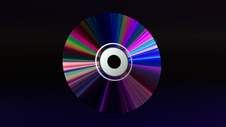 Abstract concept. CD DVD disc on a black isolated background. Neon blue purple color. Rainbow. 3d...