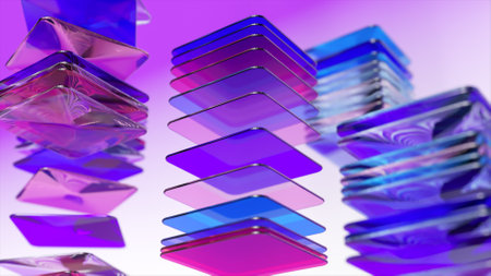 Colored abstract cards are stacked. Transparent flat square objects. Blue color. Abstract...