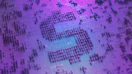 The concept of electronic transactions. Digital dollar. Dollar logo. Microcircuit. Blue purple...