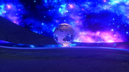 The glass ball of planet Earth smoothly rolls along the wavy chrome surface on a fantastic space,...