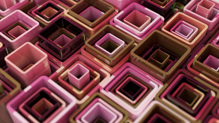 Abstraction concept. Square tubes are stacked inside each other. Pink brown purple color. 3d...
