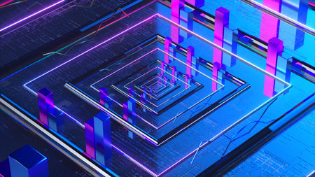 Data transfer concept. Neon blue smooth square panels. Pink blue rectangular objects. 3d...